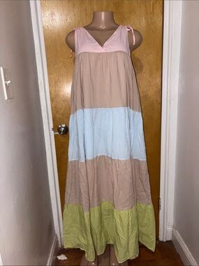 Halabaloo Colorblock Tiered Maxi Dress in Pink, Tan, Light Blue & Green